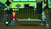 Fry and Bender playing ping-pong while Fry keeps the egg warm